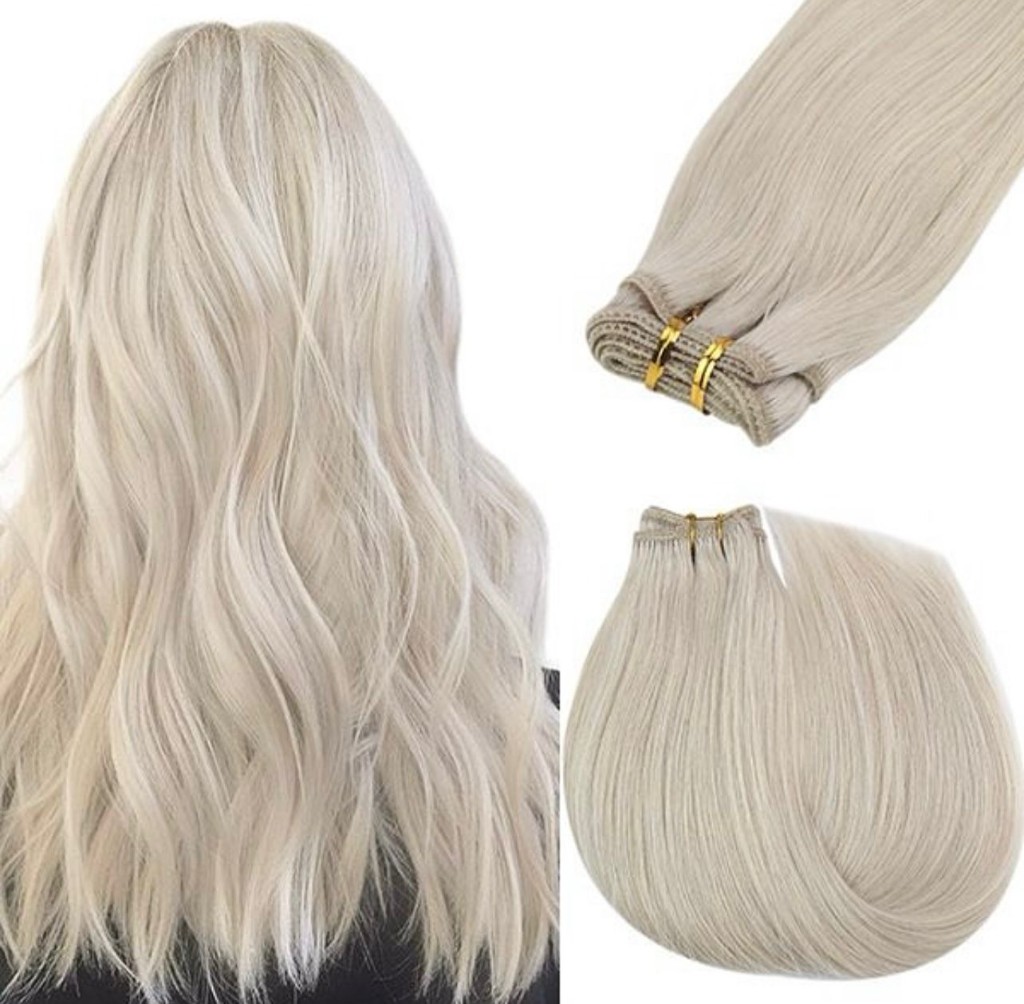 Platinum blonde hair extensions and weft detail