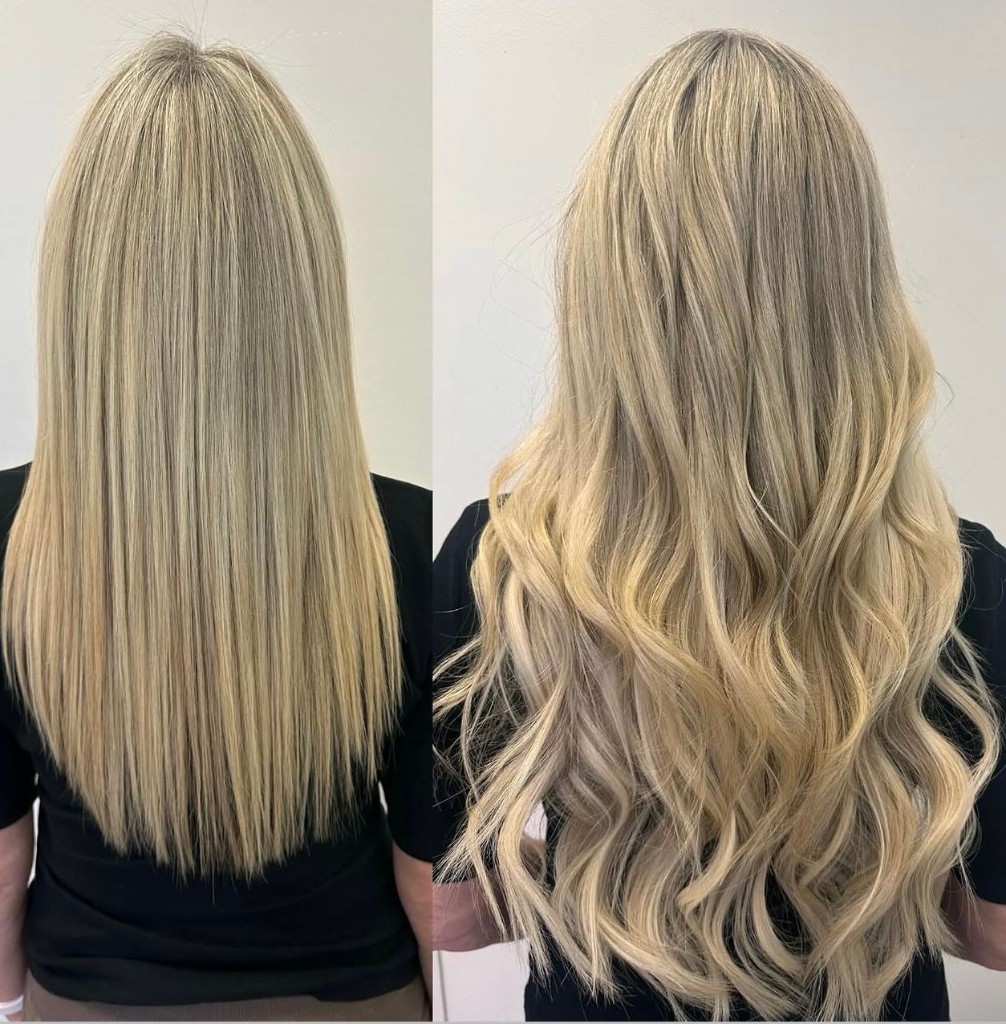 Ash blonde long hair straight compared to styled waves