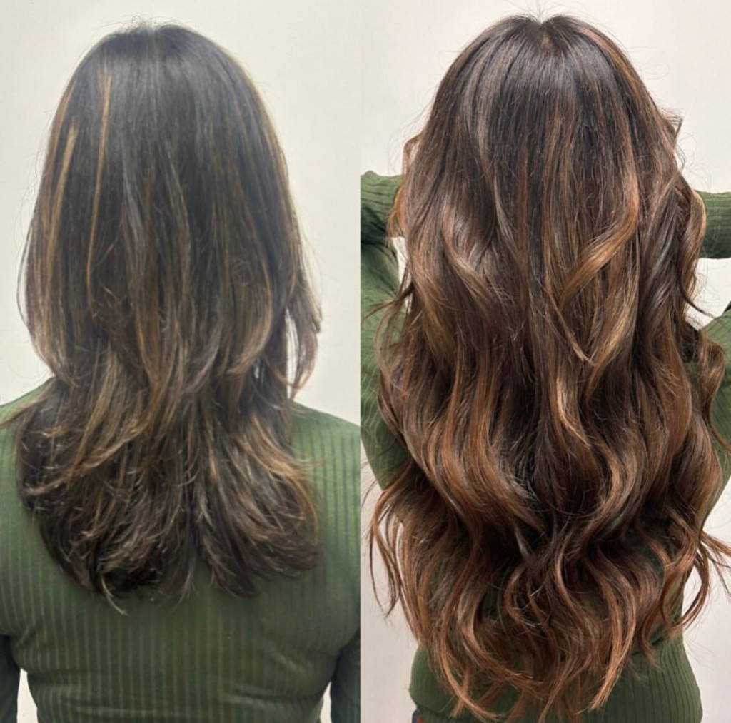 Rear view before and after: fuller length and warm brunette highlights