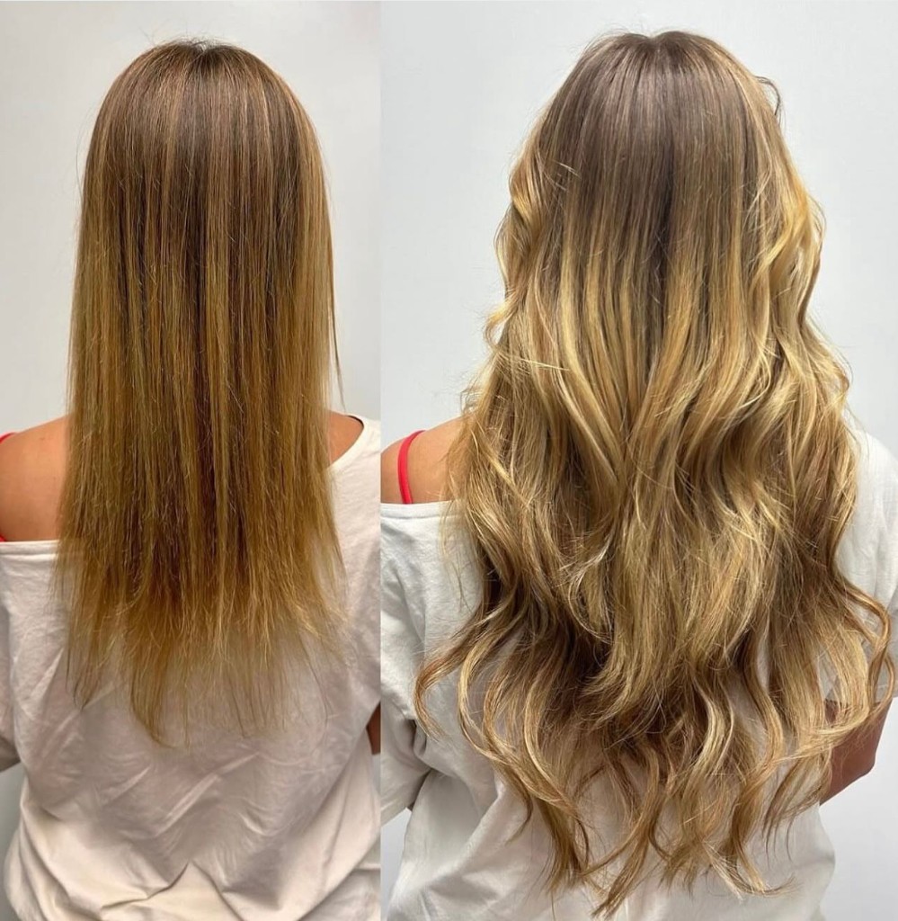 Before and after: extensions and honey blonde balayage with beachy waves