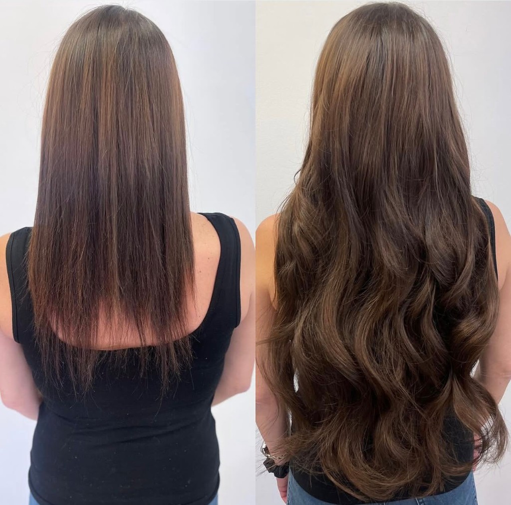 Rear view before and after: medium brown hair lengthened into long soft waves