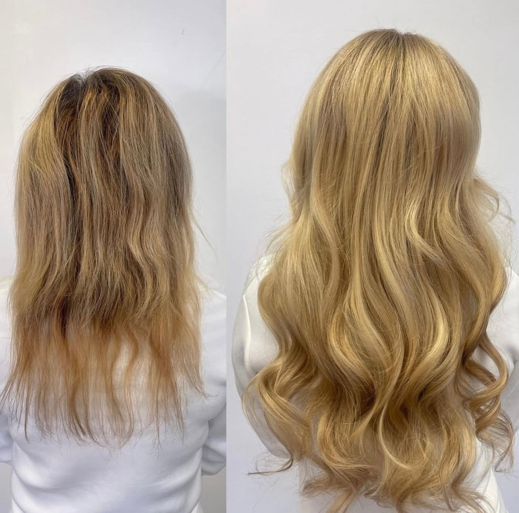 Before and after: blonde extensions with fuller length and polished waves