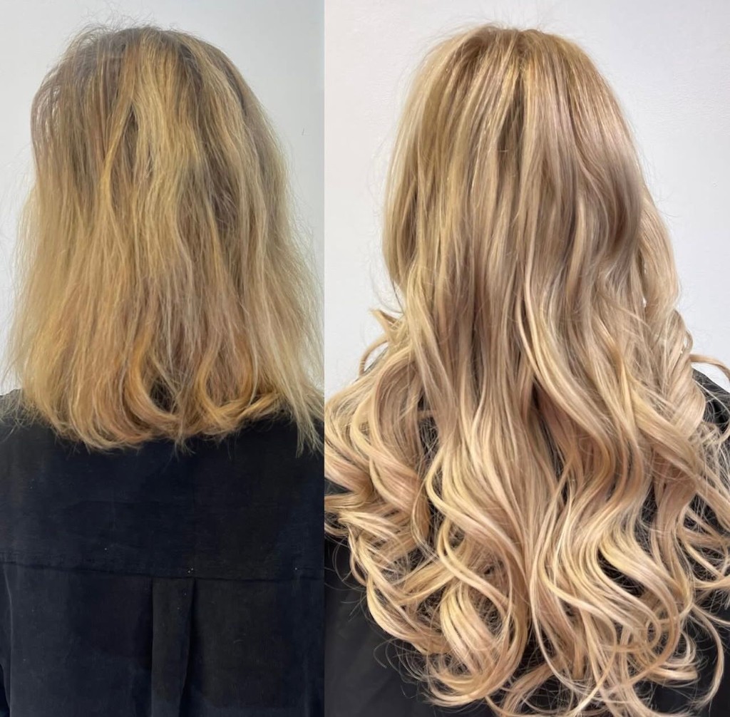 Rear view before and after: longer multi-tonal blonde with loose curls