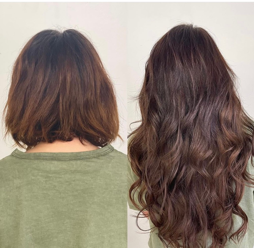 Rear view before and after: brown bob extended into long soft waves