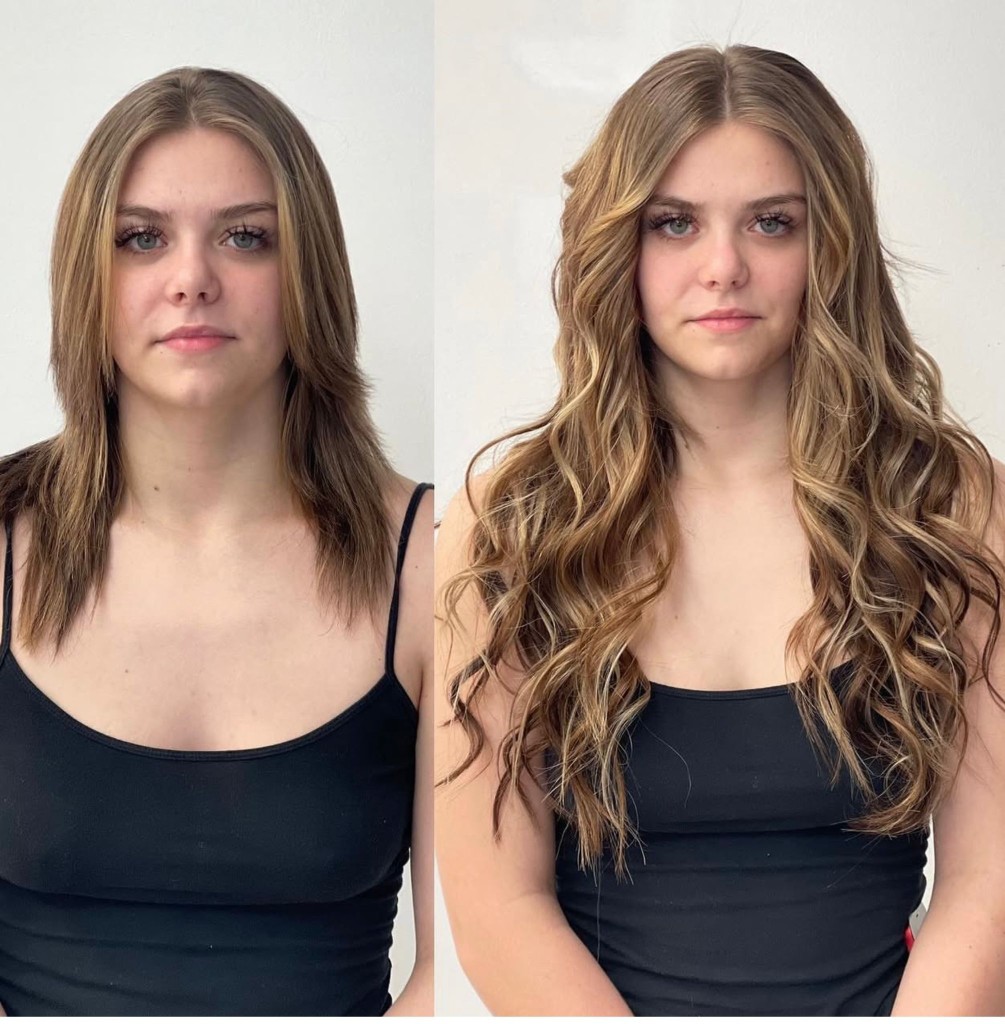 Client before and after: dramatic length and volume in blonde waves