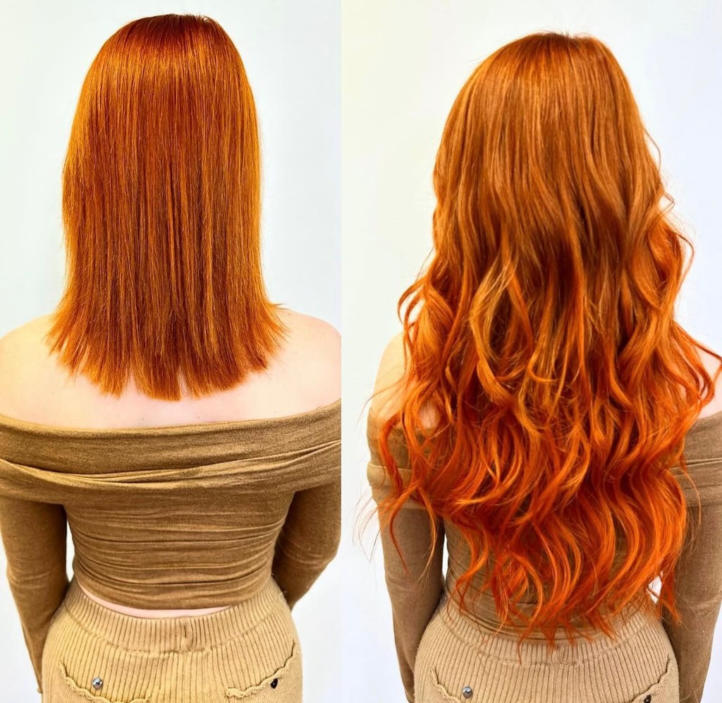 Rear view before and after: copper hair lengthened into full waves