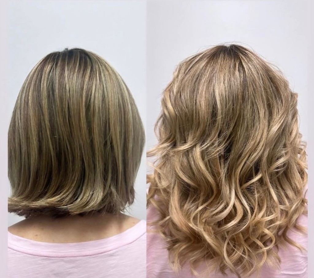 Before and after from behind: chin-length highlighted bob to mid-back loose curls with honey and golden blonde dimension
