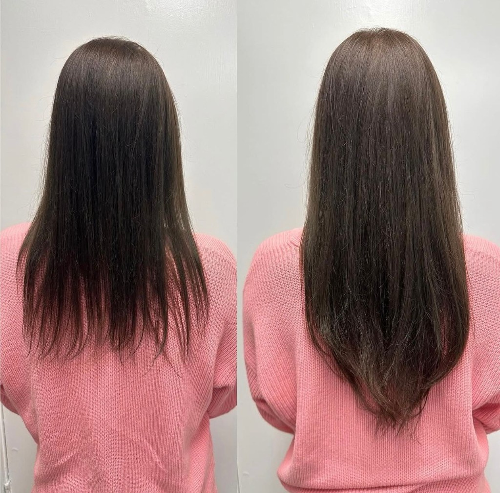 Before and after from behind: long dark brown hair with thinner ends transformed into thick, dense lengths with a tapered V-shape