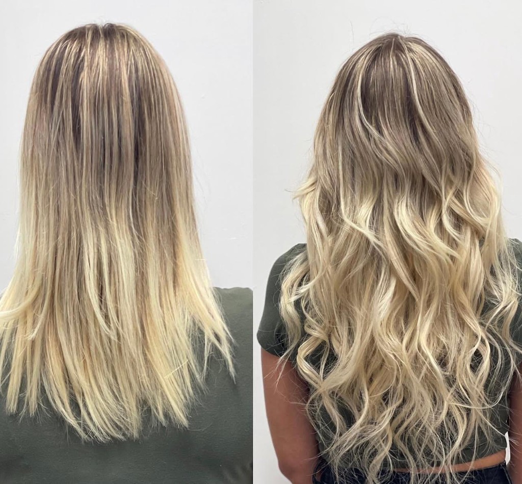 Before and after from behind: medium-length straight cool blonde balayage to long voluminous beachy waves