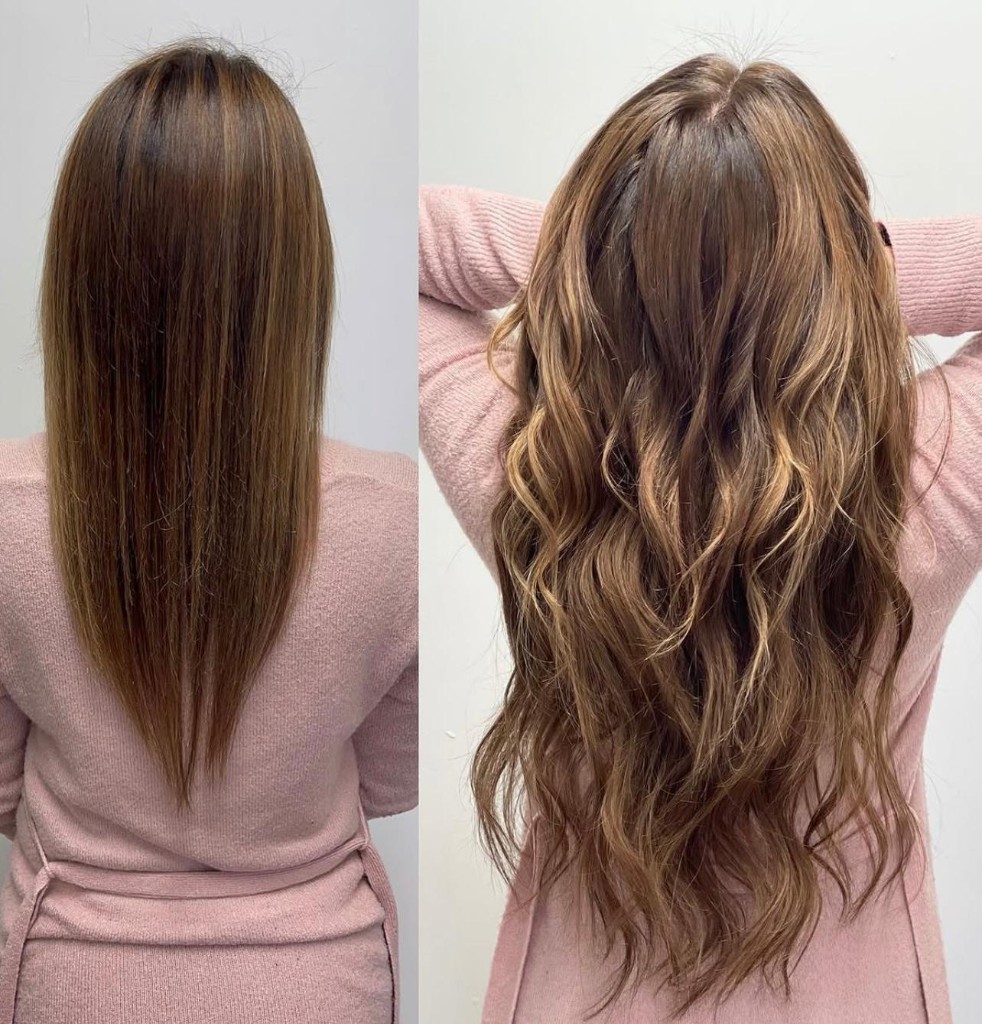 Before and after from behind: long straight brown V-shaped cut to extra-long beachy waves with caramel and honey highlights