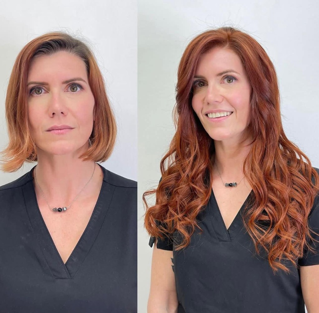 Before and after: chin-length auburn bob to mid-chest vibrant copper-red waves