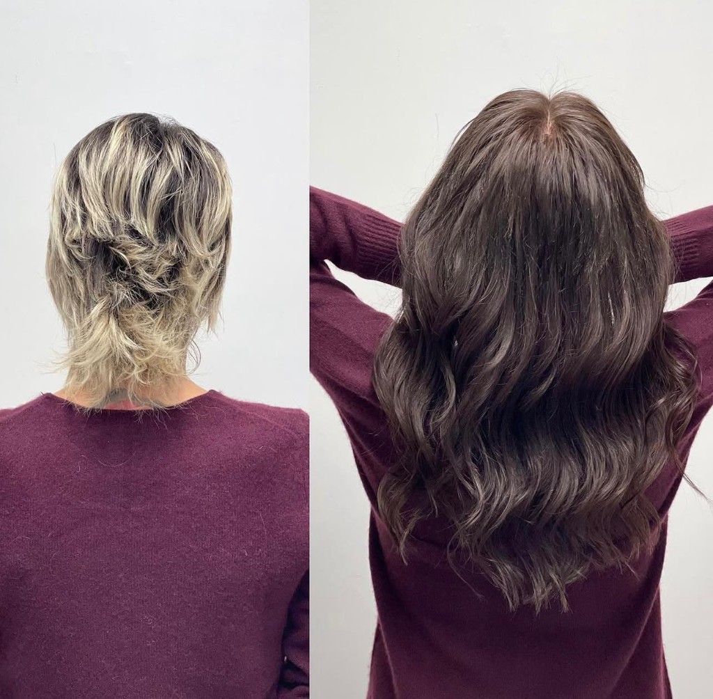 Before and after from behind: short layered blonde-highlighted hair to long rich chocolate brown beach waves