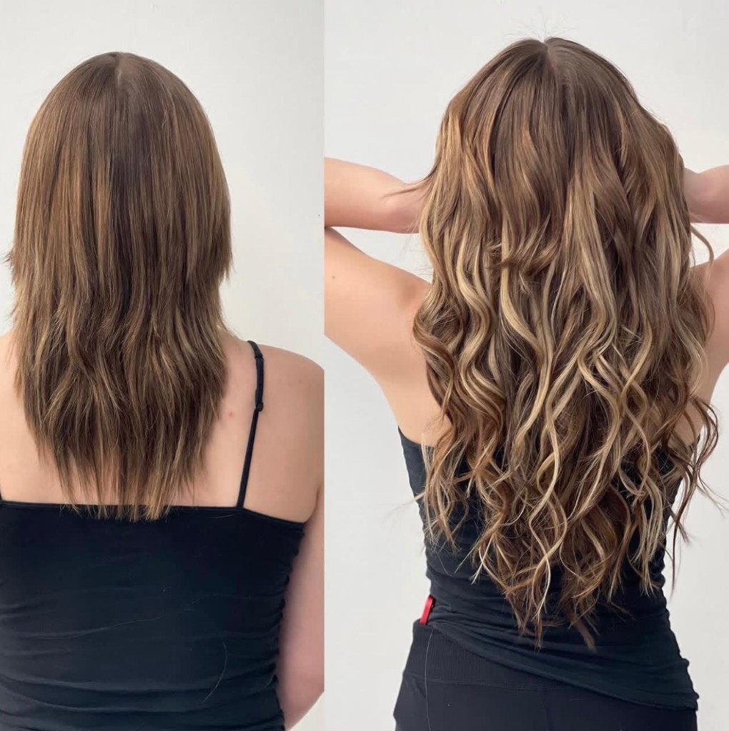 Before and after from behind: medium straight brown hair to long voluminous blonde balayage waves