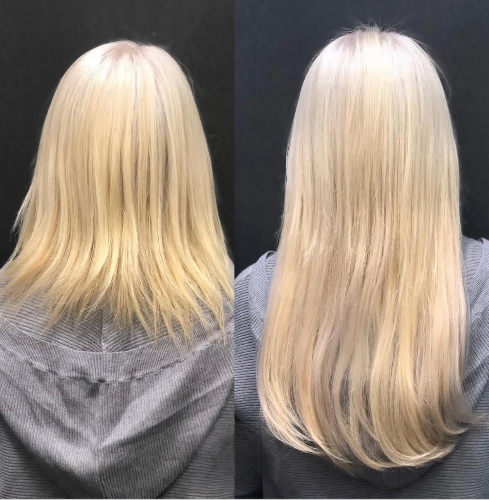 Before and after from behind: shoulder-length straight platinum blonde to mid-back thicker, fuller platinum lengths