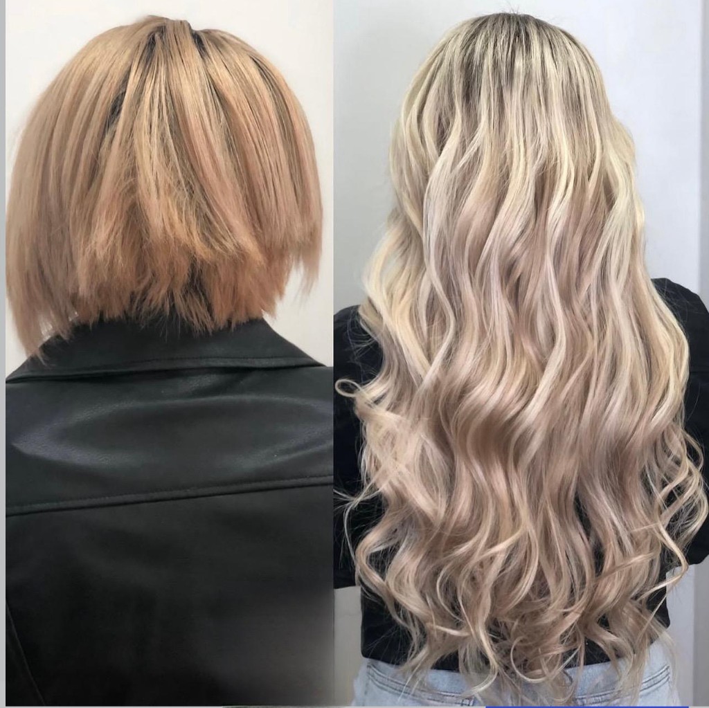 Before and after from behind: honey-blonde blunt bob to extra-long cool ash-blonde waves