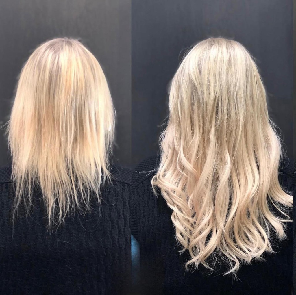 Before and after from behind: finer shoulder-length blonde to thick mid-back platinum waves